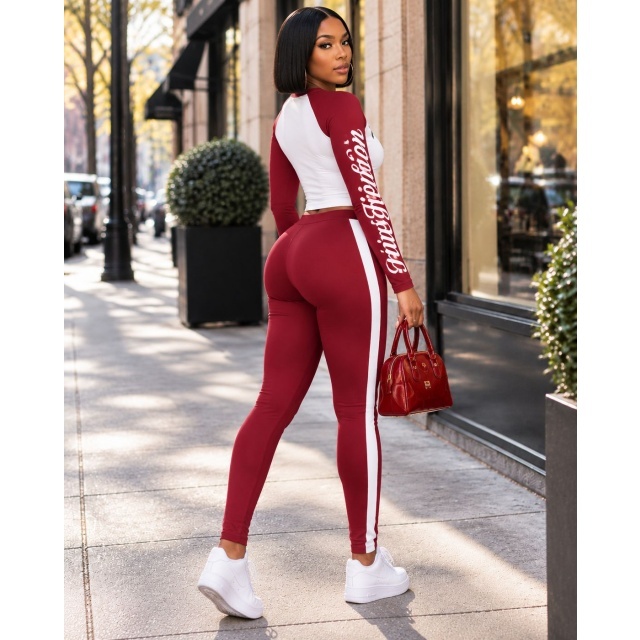 Contrast Color Letters Printed Slim Fitted Pant Set