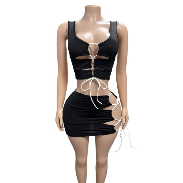 Lace-Up Hollow Out Mini Skirt Set