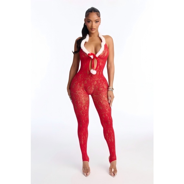 Xmas Style Furry Mesh Halter Lingerie Jumpsuit
