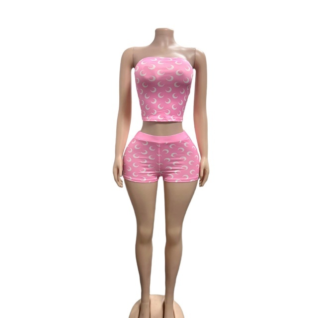 Moon Print Tube Top Fitted Short Set