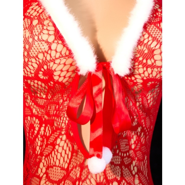 Xmas Style Furry Mesh Halter Lingerie Jumpsuit