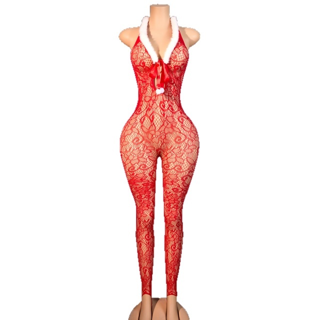 Xmas Style Furry Mesh Halter Lingerie Jumpsuit