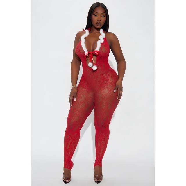 Xmas Style Furry Mesh Halter Lingerie Jumpsuit