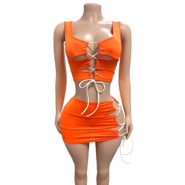 Lace-Up Hollow Out Mini Skirt Set