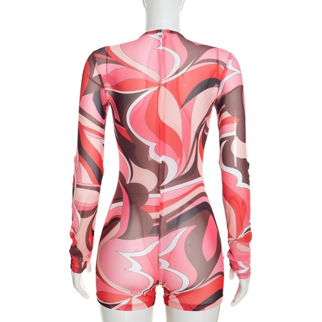 Mesh Printed Long Sleeve Romper