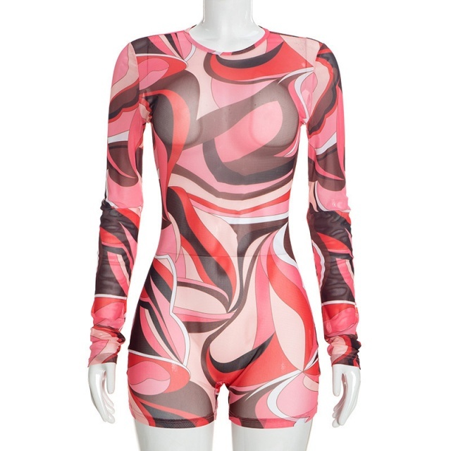 Mesh Printed Long Sleeve Romper