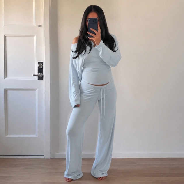 Solid-color Loungewear Cold Shoulder Pant Set