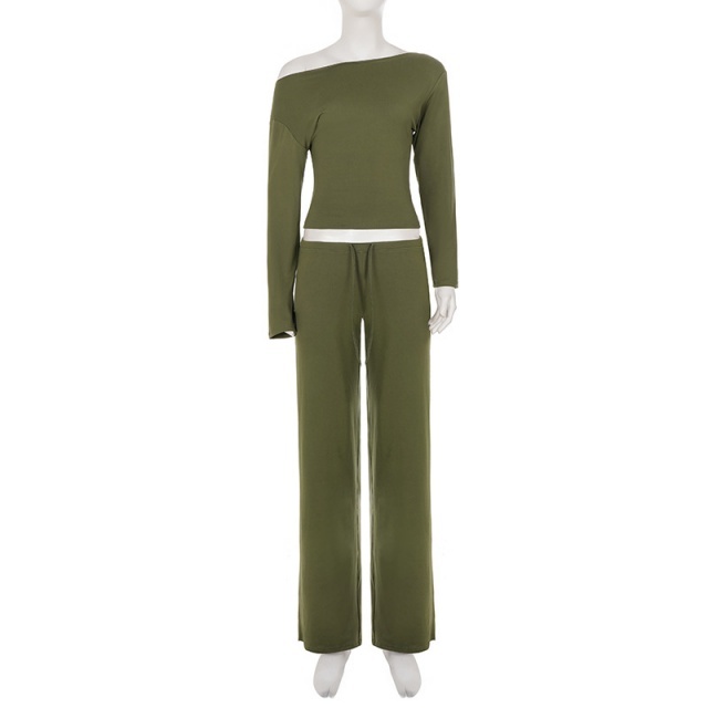 Solid-color Loungewear Cold Shoulder Pant Set