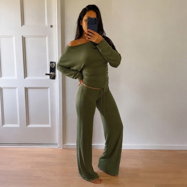 Solid-color Loungewear Cold Shoulder Pant Set