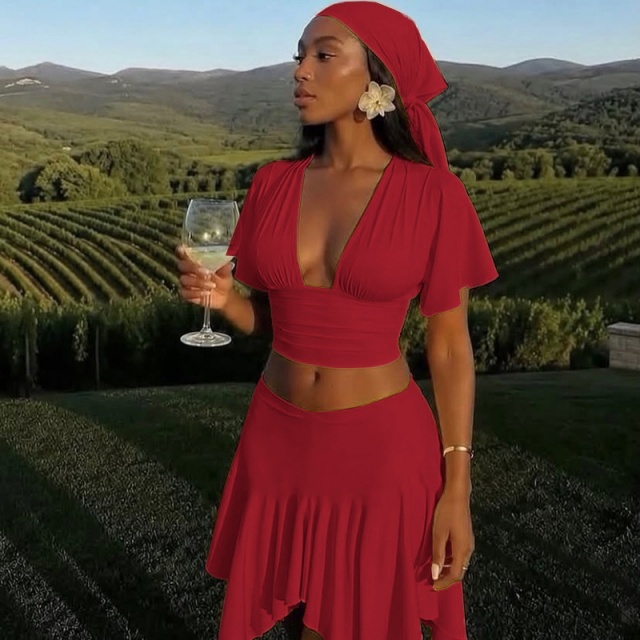 V Neck Short Sleeve Cropped Top Mini Skirt Set