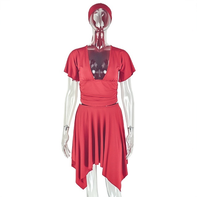 V Neck Short Sleeve Cropped Top Mini Skirt Set