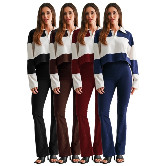 Colorblock Striped Printed Long-sleeve Polo Top Flare Pant Set