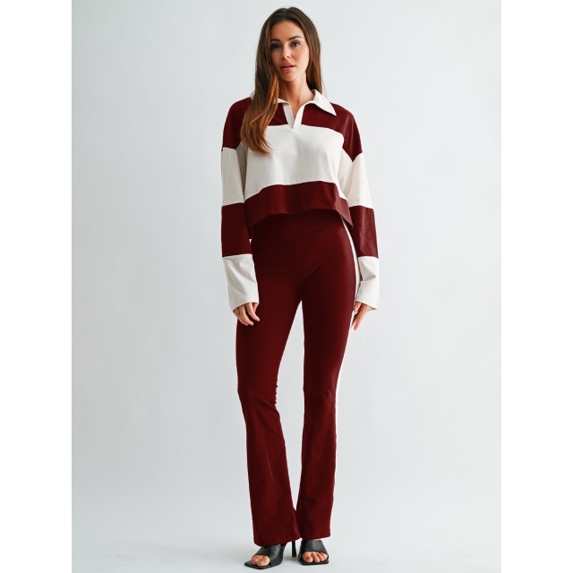 Colorblock Striped Printed Long-sleeve Polo Top Flare Pant Set