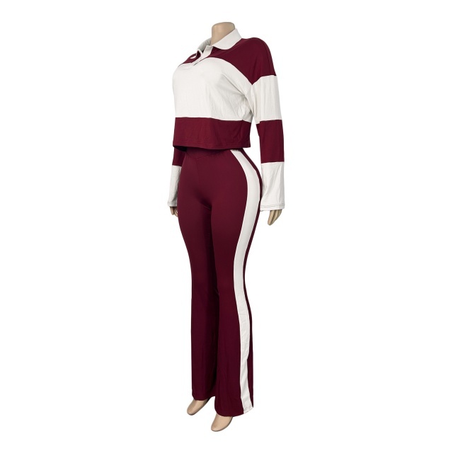 Colorblock Striped Printed Long-sleeve Polo Top Flare Pant Set