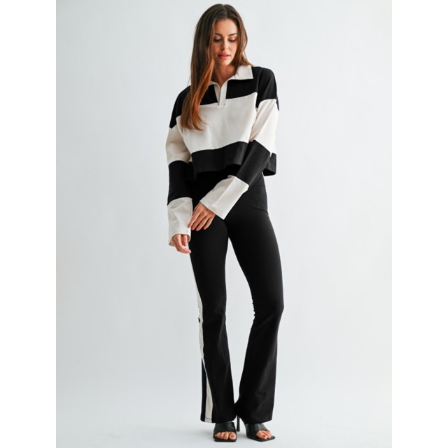Colorblock Striped Printed Long-sleeve Polo Top Flare Pant Set