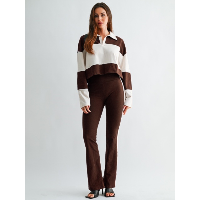 Colorblock Striped Printed Long-sleeve Polo Top Flare Pant Set