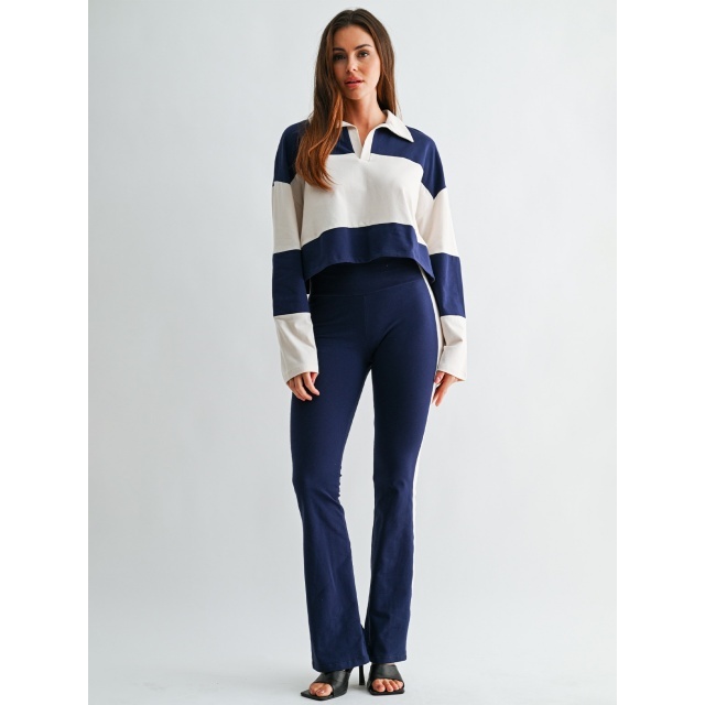 Colorblock Striped Printed Long-sleeve Polo Top Flare Pant Set