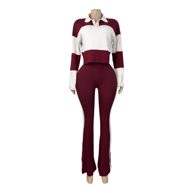 Colorblock Striped Printed Long-sleeve Polo Top Flare Pant Set