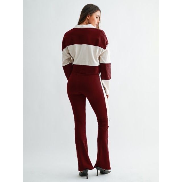 Colorblock Striped Printed Long-sleeve Polo Top Flare Pant Set