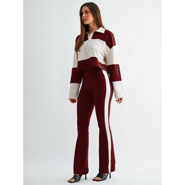 Colorblock Striped Printed Long-sleeve Polo Top Flare Pant Set