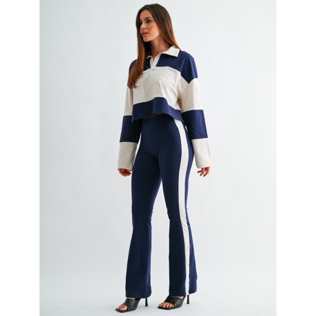 Colorblock Striped Printed Long-sleeve Polo Top Flare Pant Set