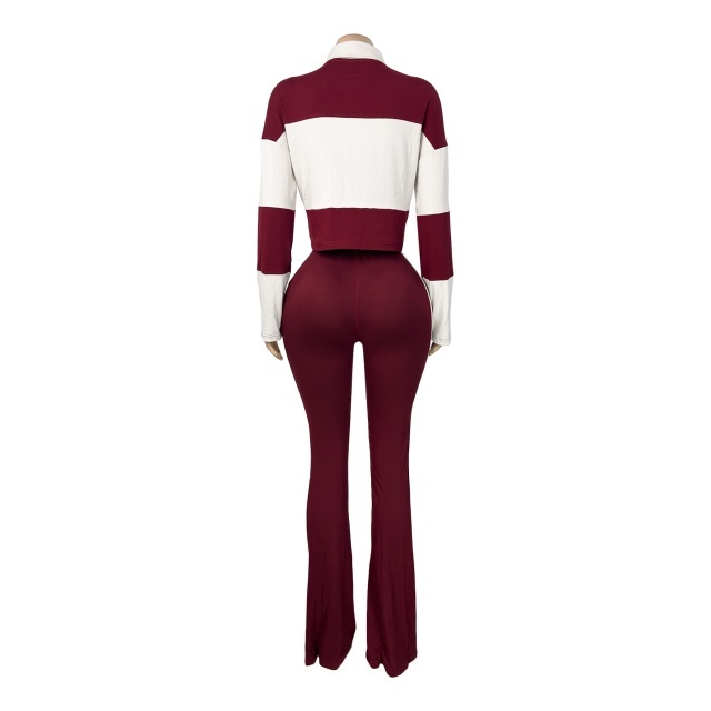 Colorblock Striped Printed Long-sleeve Polo Top Flare Pant Set