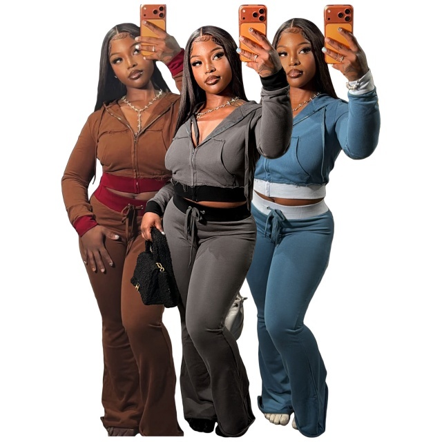 Contrast Color Hooded Zip-up Top Flare Pant Set