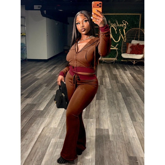 Contrast Color Hooded Zip-up Top Flare Pant Set