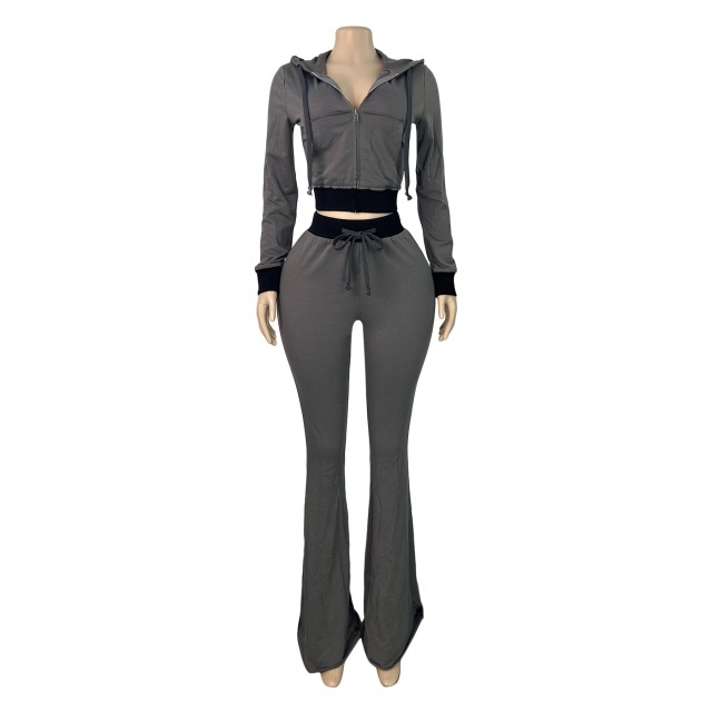 Contrast Color Hooded Zip-up Top Flare Pant Set