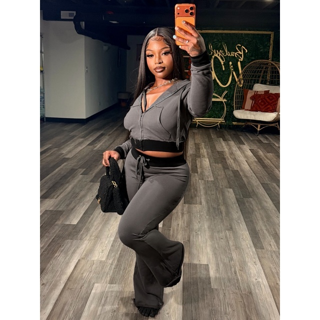 Contrast Color Hooded Zip-up Top Flare Pant Set