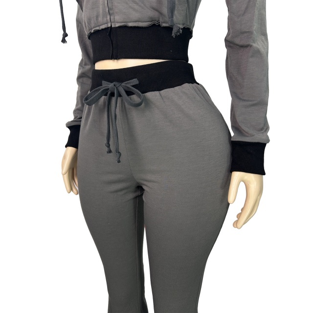 Contrast Color Hooded Zip-up Top Flare Pant Set