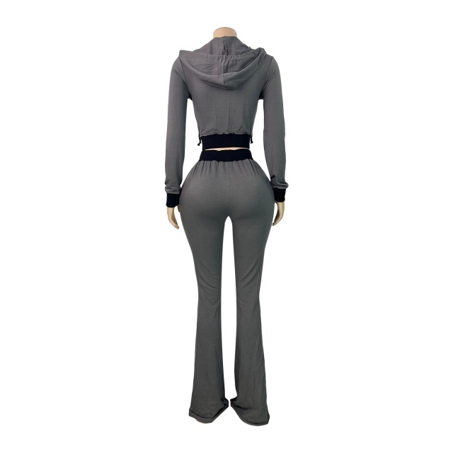 Contrast Color Hooded Zip-up Top Flare Pant Set