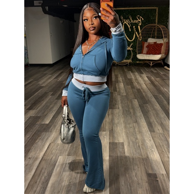 Contrast Color Hooded Zip-up Top Flare Pant Set