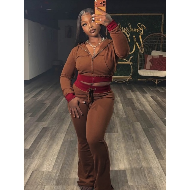 Contrast Color Hooded Zip-up Top Flare Pant Set