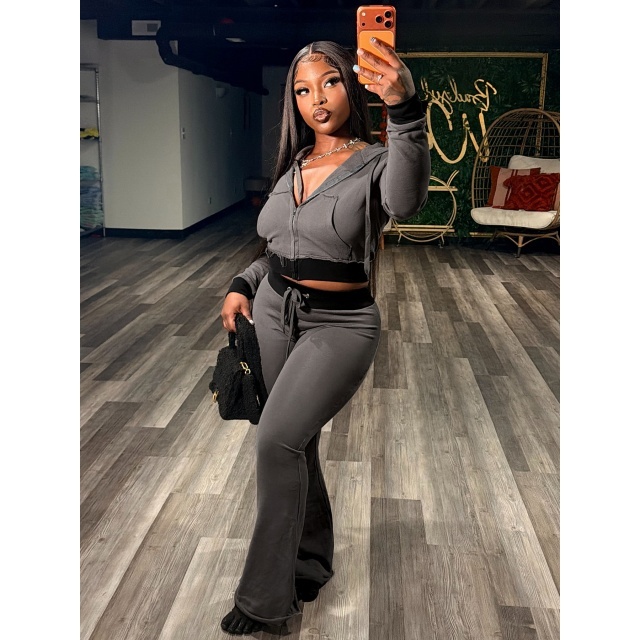 Contrast Color Hooded Zip-up Top Flare Pant Set