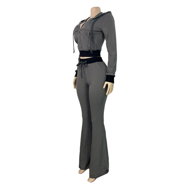 Contrast Color Hooded Zip-up Top Flare Pant Set