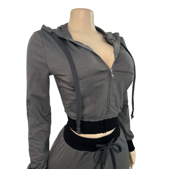 Contrast Color Hooded Zip-up Top Flare Pant Set