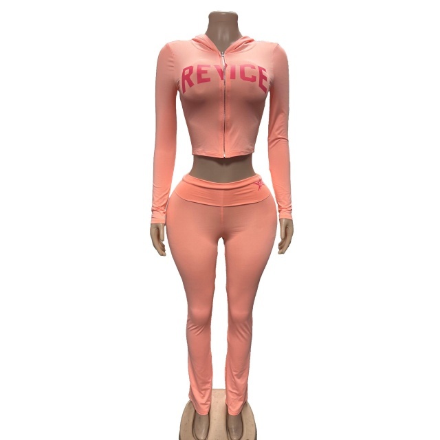 Letters Printed Hooded Cropped Top Low Waist Pant Set