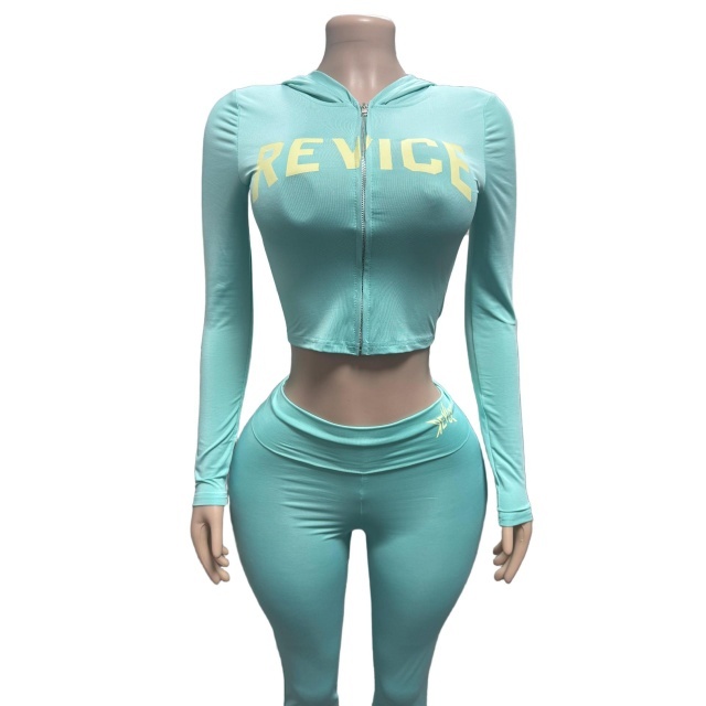 Letters Printed Hooded Cropped Top Low Waist Pant Set