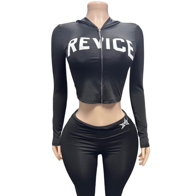 Letters Printed Hooded Cropped Top Low Waist Pant Set
