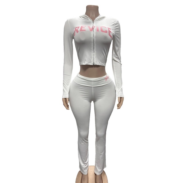 Letters Printed Hooded Cropped Top Low Waist Pant Set