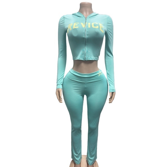 Letters Printed Hooded Cropped Top Low Waist Pant Set