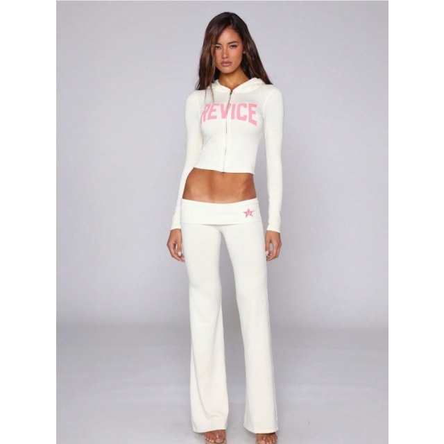 Letters Printed Hooded Cropped Top Low Waist Pant Set