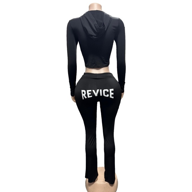 Letters Printed Hooded Cropped Top Low Waist Pant Set