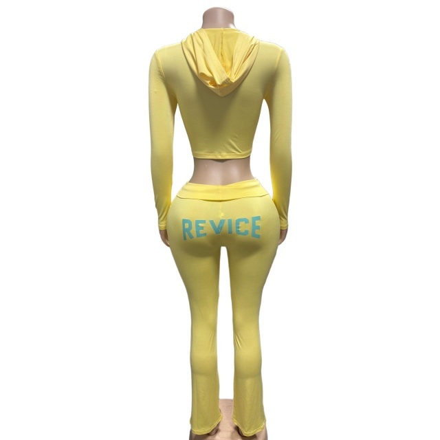 Letters Printed Hooded Cropped Top Low Waist Pant Set