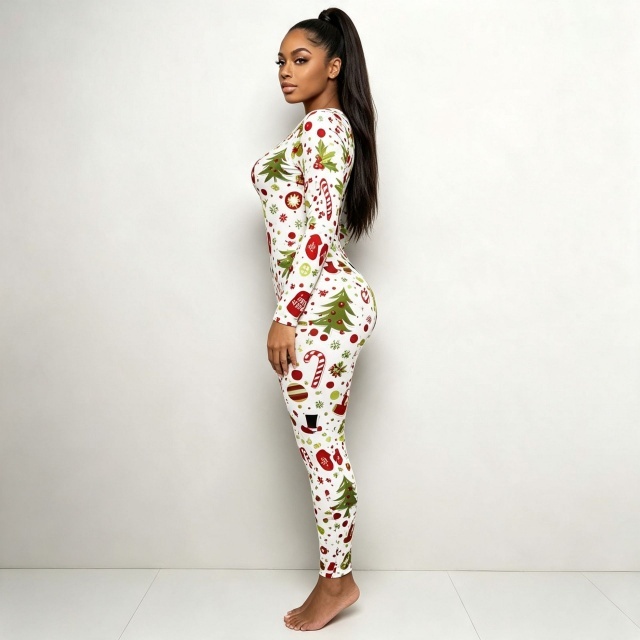 Christmas Printed Long Sleeve Loungewear Jumpsuit