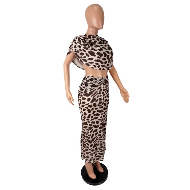 Mesh Leopard Print Slit Maxi Skirt Set