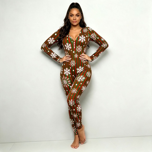 Christmas Printed Long Sleeve Loungewear Jumpsuit
