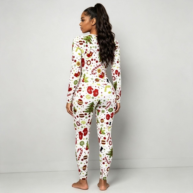 Christmas Printed Long Sleeve Loungewear Jumpsuit