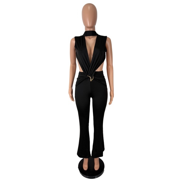 Deep V Hollow Out Backless Jumpsuit